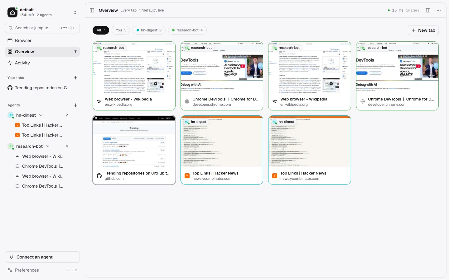Overview: every tab in the workspace as a live thumbnail, labelled by agent