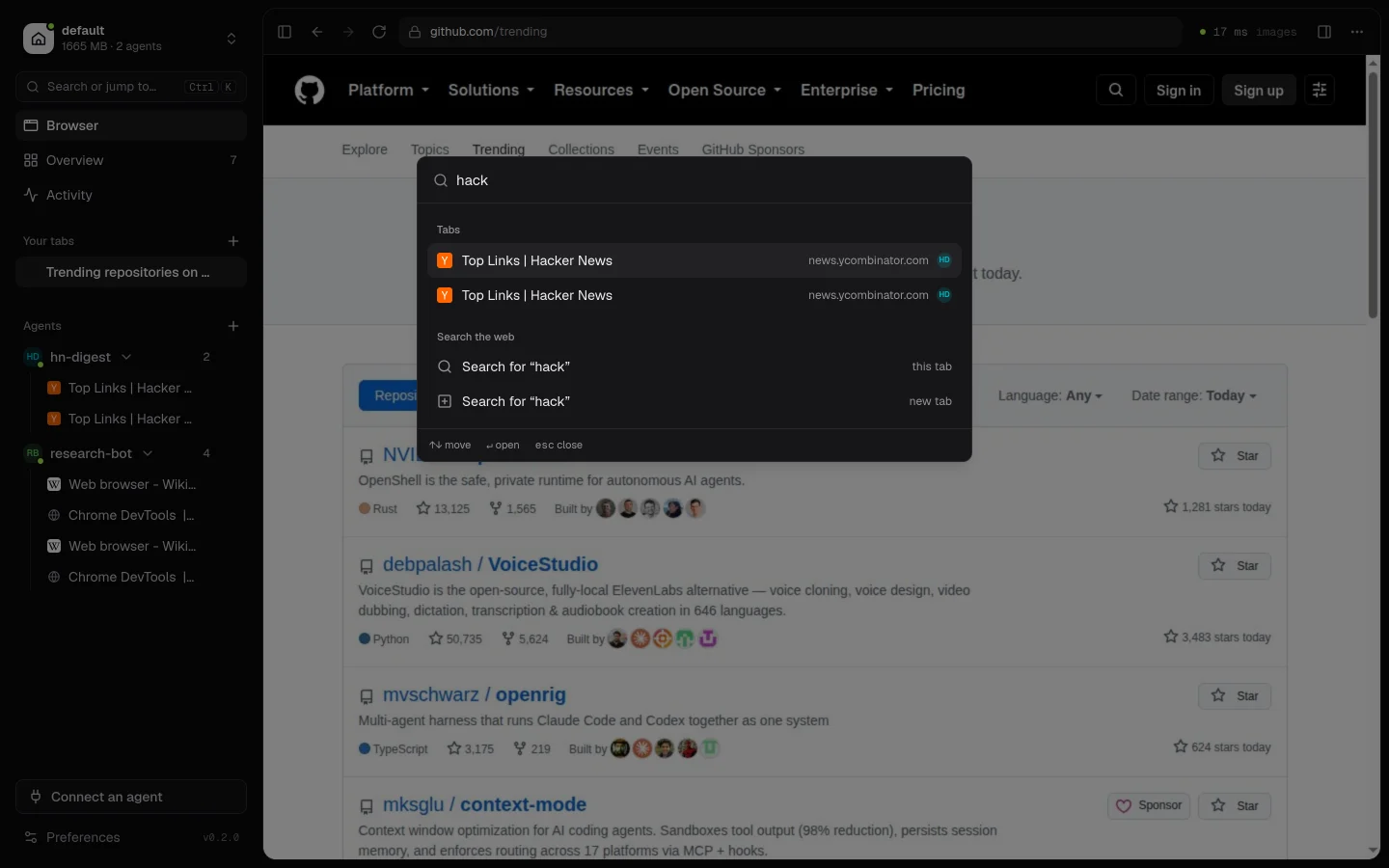 The Ctrl+K palette searching tabs across agents