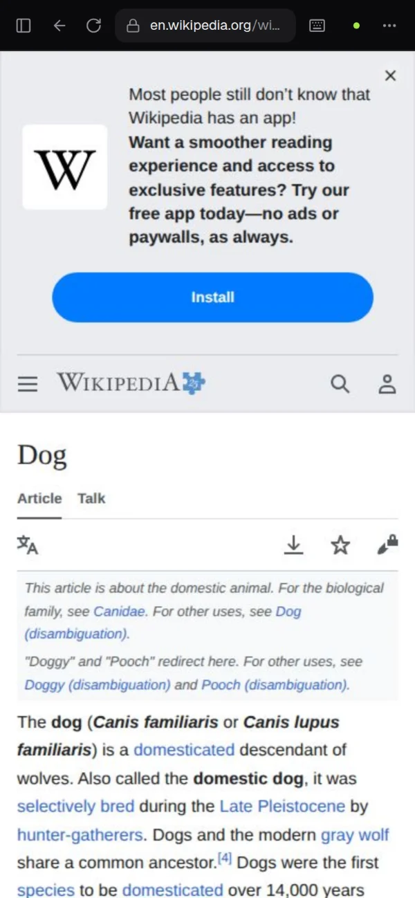 ridealong on a phone, showing a mobile Wikipedia page