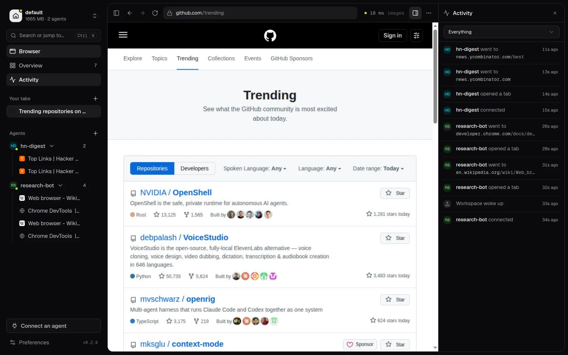 The ridealong viewer: your tab, two agents' tabs grouped in the sidebar, and the live activity feed